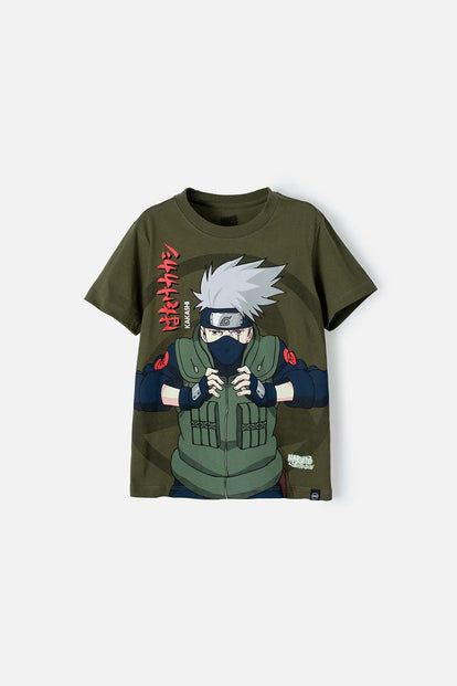 POLERA DE NARUTO CUELLO REDONDO VERDE MILITAR PARA TEEN NIÑO
