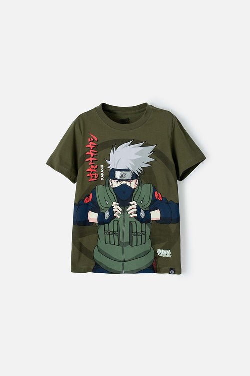POLERA DE NARUTO CUELLO REDONDO VERDE MILITAR PARA TEEN NIÑO