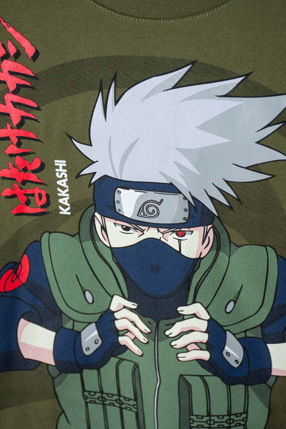 POLERA DE NARUTO CUELLO REDONDO VERDE MILITAR PARA TEEN NIÑO