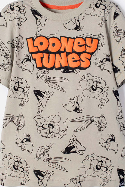 POLERA DE LOONEY TUNES MANGA CORTA VERDE OLIVA PARA NIÑO