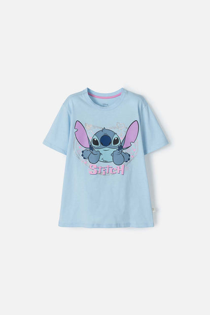 POLERA DE STITCH MANGA CORTA AZUL PARA NIÑA