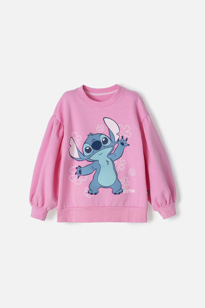 POLERON DE LILO Y STITCH ROSADO DE CUELLO REDONDO PARA NIÑA