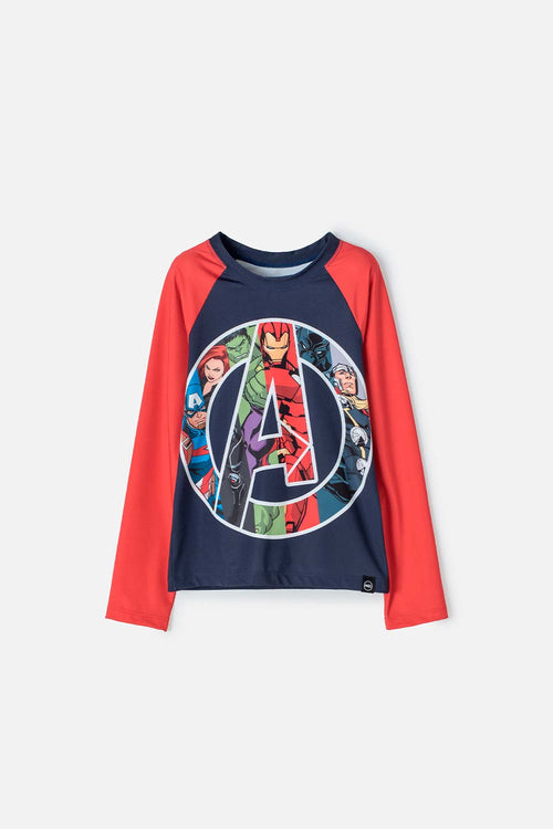 CAMISETA DE BAÑO MARVEL MANGA LARGA ROJO Y AZUL PARA NIÑO