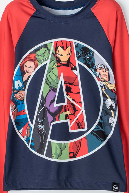 CAMISETA DE BAÑO MARVEL MANGA LARGA ROJO Y AZUL PARA NIÑO