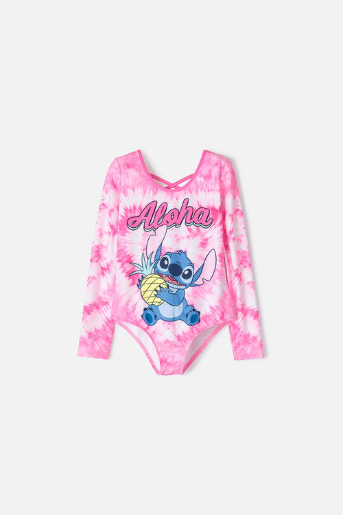VESTIDO DE BAÑO DE STITCH FUCSIA MANGA LARGA PARA NIÑA