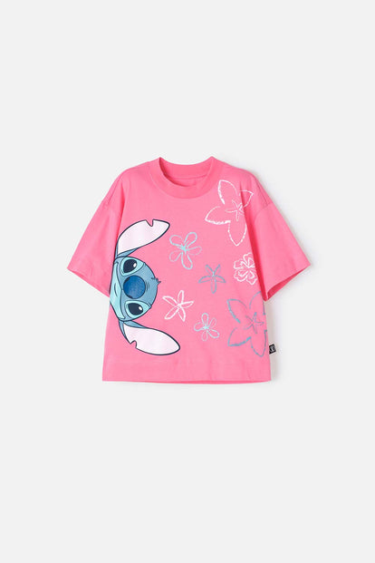 POLERA DE STITCH MANGA CORTA ROSADO PARA NIÑA