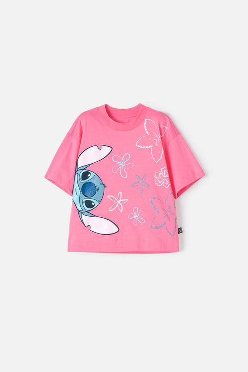 POLERA DE STITCH MANGA CORTA ROSADO PARA NIÑA