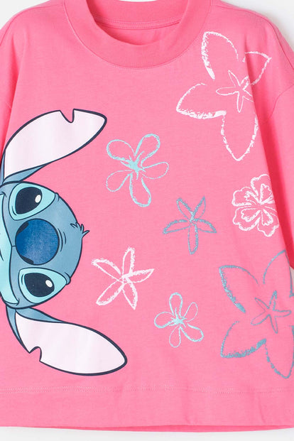 POLERA DE STITCH MANGA CORTA ROSADO PARA NIÑA