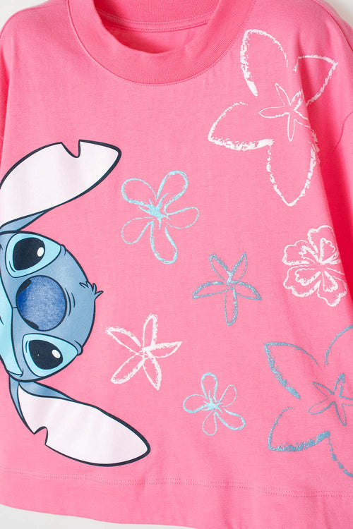 POLERA DE STITCH MANGA CORTA ROSADO PARA NIÑA