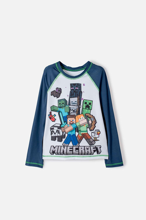 POLERA DE BAÑO MINECRAFT MANGA LARGA AZUL Y BLANCO PARA NIÑO