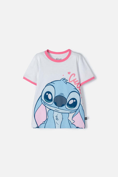 POLERA DE STITCH BLANCA ESTAMPADA EN FRENTE PARA NIÑA