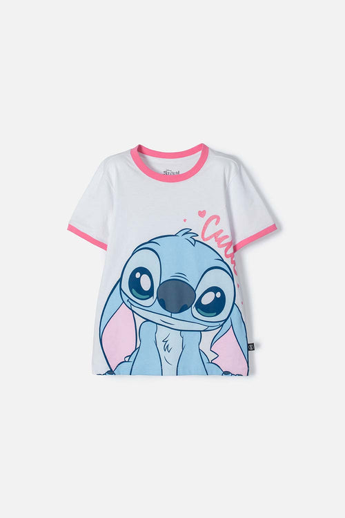POLERA DE STITCH BLANCA ESTAMPADA EN FRENTE PARA NIÑA