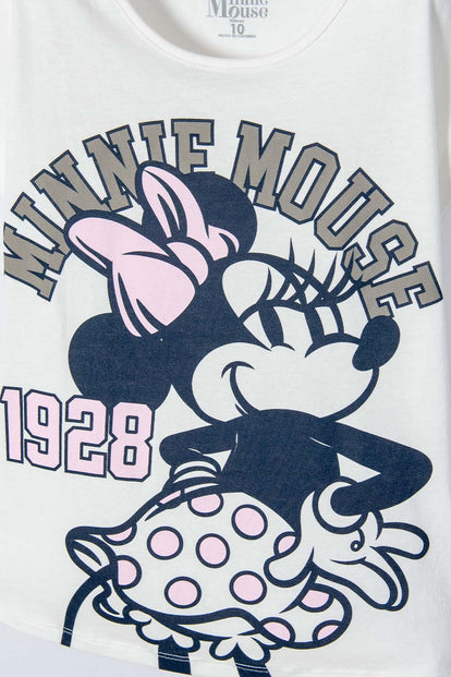 POLERA DE MINNIE MOUSE MARFIL MANGA CORTA PARA NIÑA