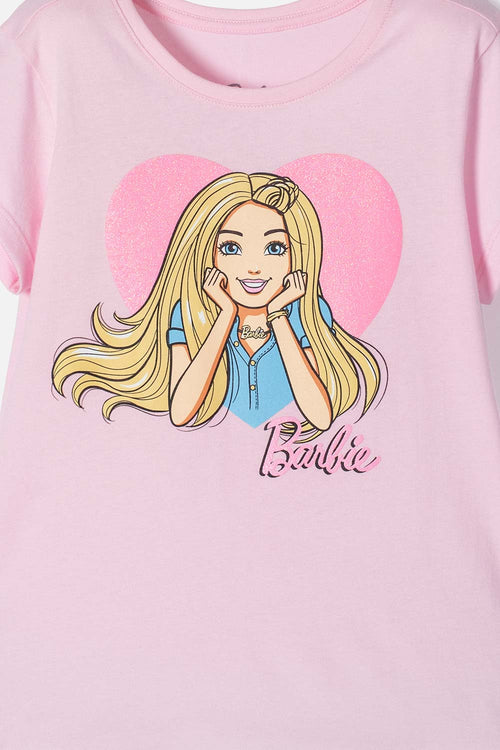 POLERA DE BARBIE MANGA CORTA ROSADA PARA NIÑA
