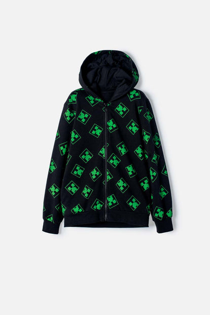 POLERON DE MINECRAFT CON CIERRE NEGRO Y VERDE PARA NIÑO