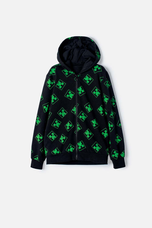 POLERON DE MINECRAFT CON CIERRE NEGRO Y VERDE PARA NIÑO