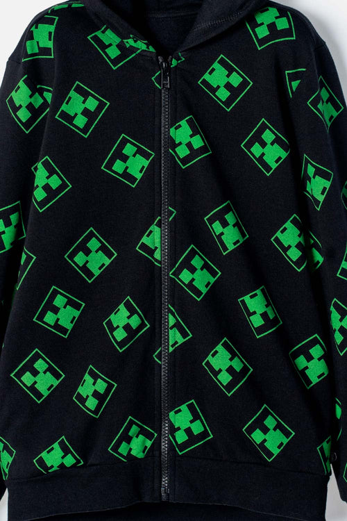 POLERON DE MINECRAFT CON CIERRE NEGRO Y VERDE PARA NIÑO