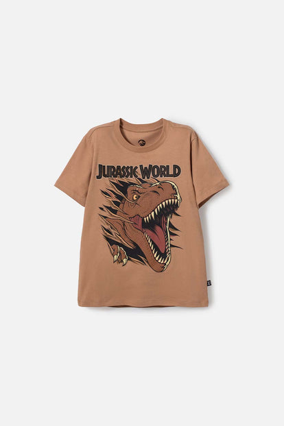 POLERA DE JURASSIC WORLD CAFÉ ESTAMPADA EN FRENTE PARA NIÑO