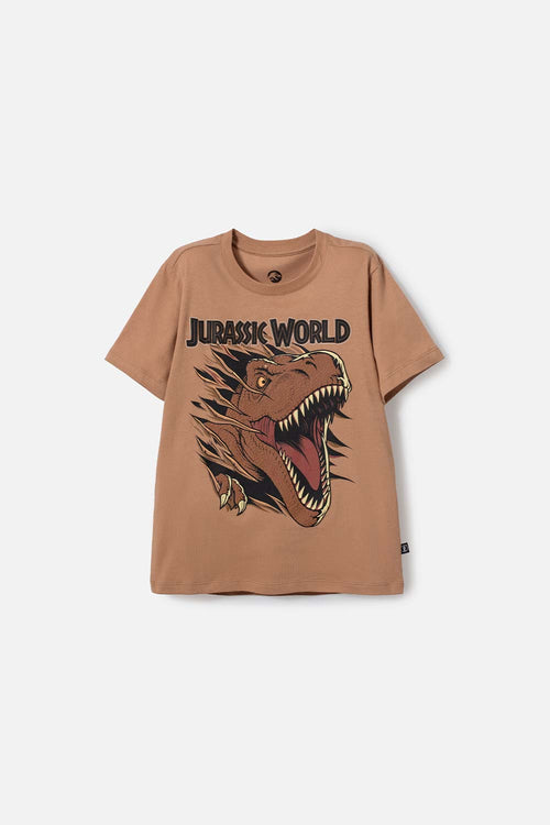 POLERA DE JURASSIC WORLD CAFÉ ESTAMPADA EN FRENTE PARA NIÑO