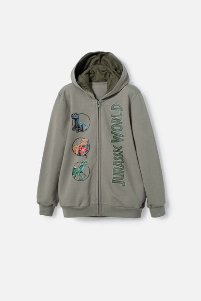 POLERON DE JURASSIC WORLD VERDE CON CAPUCHA PARA NIÑO