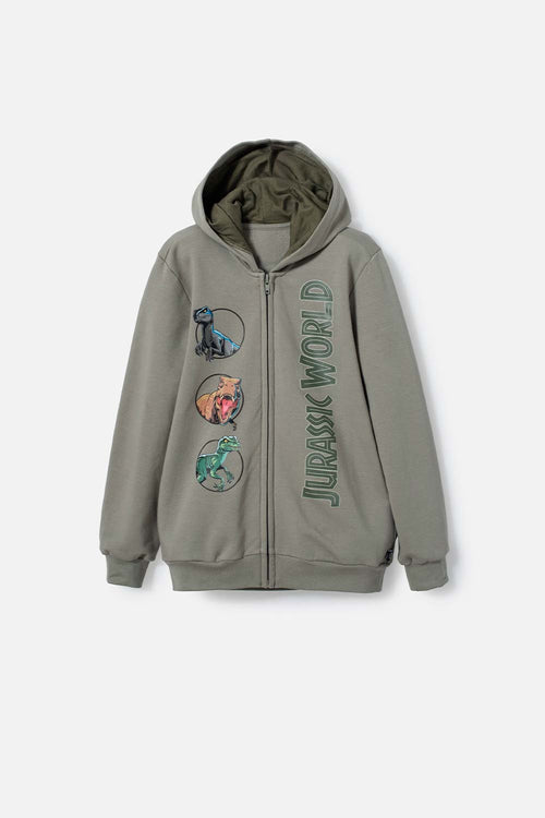 POLERON DE JURASSIC WORLD VERDE CON CAPUCHA PARA NIÑO