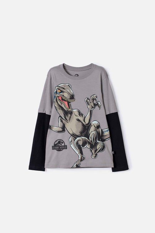 POLERA DE JURASSIC WORLD GRIS Y NEGRA DOBLE MANGA PARA NIÑO