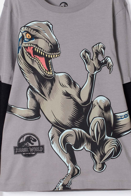 POLERA DE JURASSIC WORLD GRIS Y NEGRA DOBLE MANGA PARA NIÑO