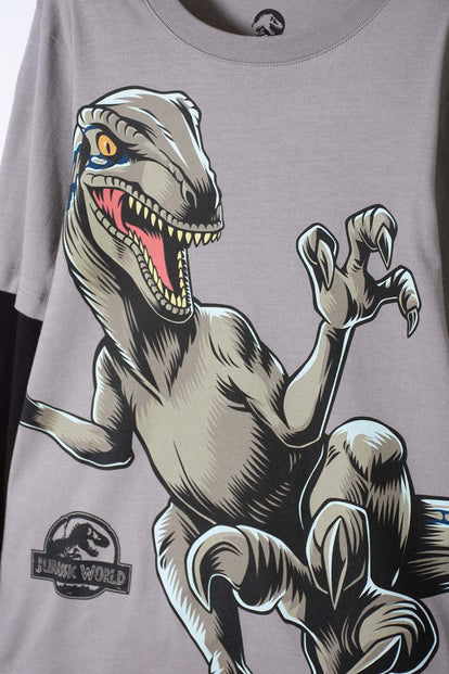 POLERA DE JURASSIC WORLD GRIS Y NEGRA DOBLE MANGA PARA NIÑO