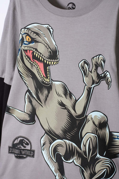 POLERA DE JURASSIC WORLD GRIS Y NEGRA DOBLE MANGA PARA NIÑO