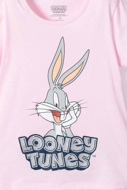 POLERA DE LOONEY TUNES MANGA CORTA ROSADA PARA NIÑA