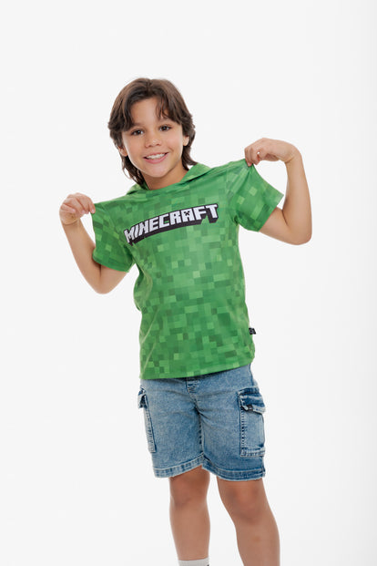 POLERA DE MINECRAFT CON CAPUCHA VERDE PARA NIÑO