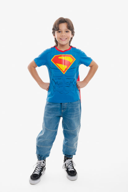 POLERA DE SUPERMAN CON CAPA AZUL Y ROJO PARA NIÑO