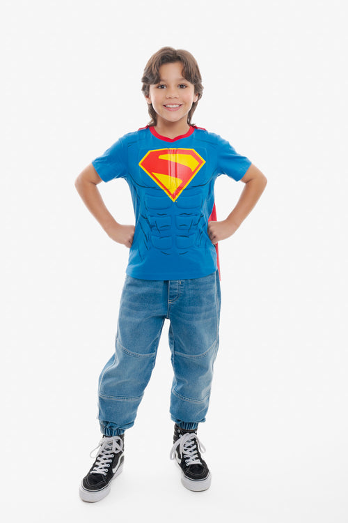 POLERA DE SUPERMAN CON CAPA AZUL Y ROJO PARA NIÑO
