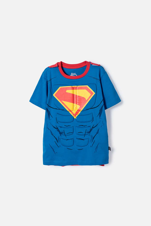 POLERA DE SUPERMAN CON CAPA AZUL Y ROJO PARA NIÑO