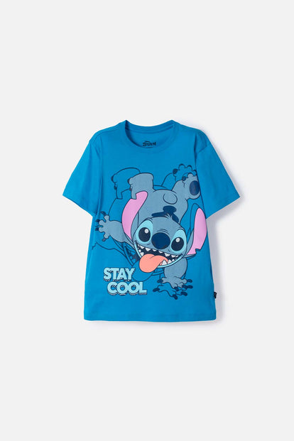 POLERA DE LILO & STITCH AZUL ESTAMPADA EN FRENTE PARA NIÑO