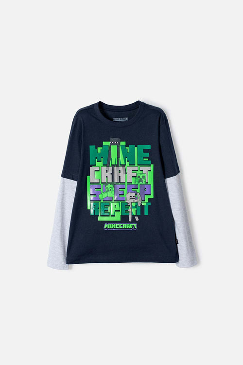 POLERA DE MINECRAFT MANGA LARGA AZUL PARA NIÑO