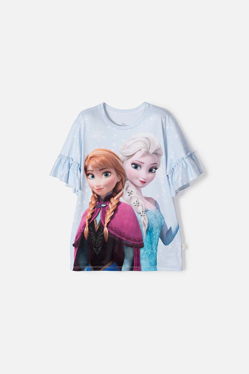 POLERA DE FROZEN MANGA CORTA AZUL CIELO PARA NIÑA