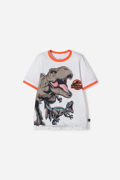 POLERA DE JURASSIC WORLD MANGA CORTA BLANCO PARA NIÑO