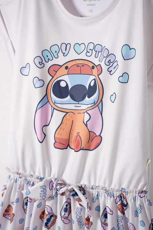 VESTIDO DE STITCH Y CAPYBARA MANGA CORTA MULTICOLOR PARA NIÑA
