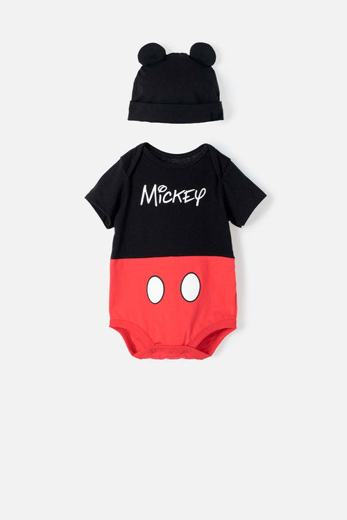 BODY DE MICKEY MOUSE MANGA CORTA ROJO CON NEGRO PARA BEBÉ NIÑO