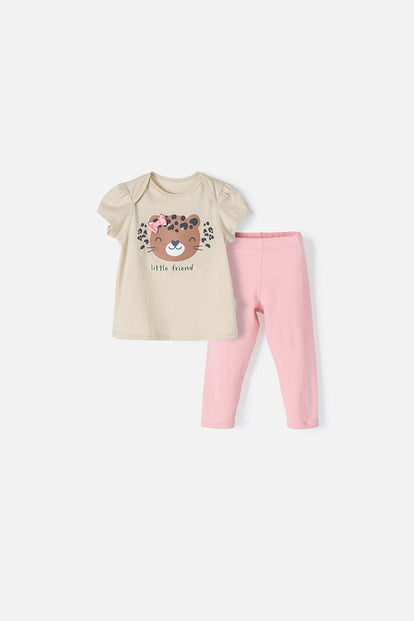 CONJUNTO LITTLEMIC CAQUI Y PALO DE ROSA DE PANTALÓN PARA BEBÉ NIÑA