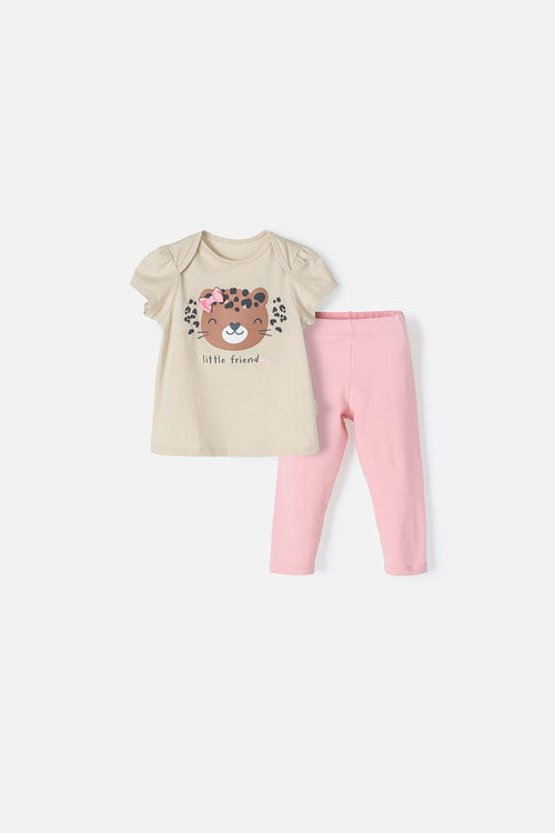 CONJUNTO LITTLEMIC CAQUI Y PALO DE ROSA DE PANTALÓN PARA BEBÉ NIÑA