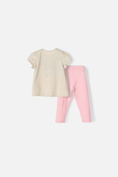 CONJUNTO LITTLEMIC CAQUI Y PALO DE ROSA DE PANTALÓN PARA BEBÉ NIÑA