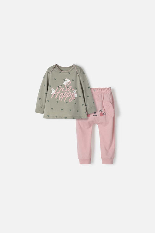 PIJAMA DE LITTLEMIC CON PANTALÓN LARGO VERDE Y PALO DE ROSA PARA BEBÉ NIÑA