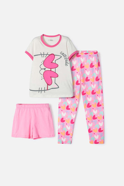 PIJAMA DE MIC 3 PIEZAS MARFIL Y ROSADO PARA NIÑA