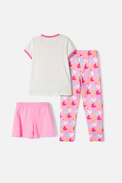 PIJAMA DE MIC 3 PIEZAS MARFIL Y ROSADO PARA NIÑA