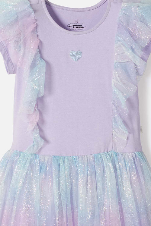 VESTIDO DE MIC CON FALDA EN TULL MORADO PARA NIÑA