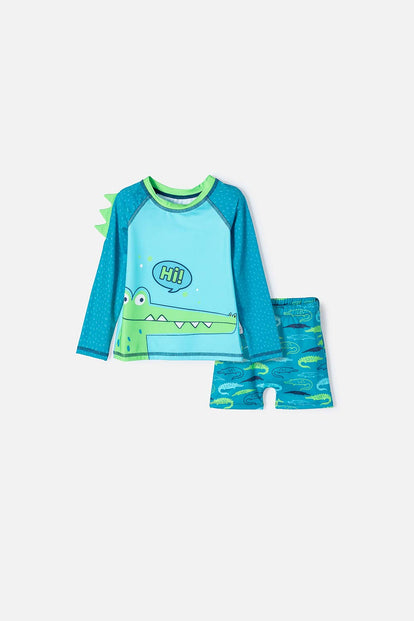 CONJUNTO DE BAÑO DE LITTLEMIC MANGA LARGA VERDE PARA NIÑO 2T A 5T