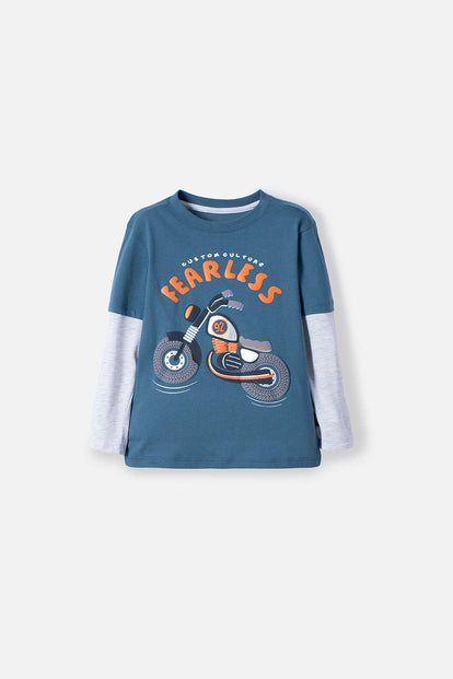 POLERA LITTLEMIC AZUL Y GRIS ESTAMPADA EN FRENTE PARA NIÑO 2T A 5T