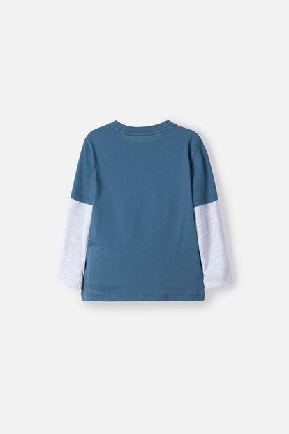 POLERA LITTLEMIC AZUL Y GRIS ESTAMPADA EN FRENTE PARA NIÑO 2T A 5T